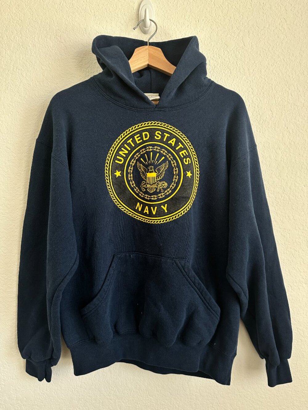 Vintage M.J. Soffe Navy Blue Swearshirt Hoodie Pullover US Navy Men's Medium